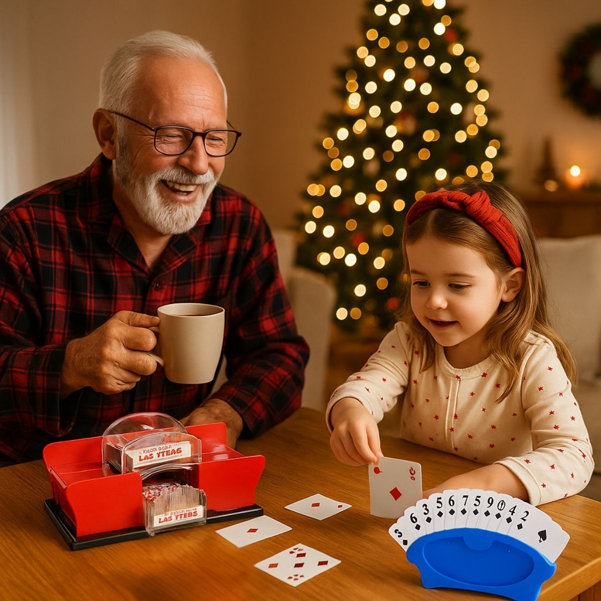 grand-papa et sa petite-fille Charlotte jouent aux cartes avec le jeu de 52 cartes et le melangeur à carte
