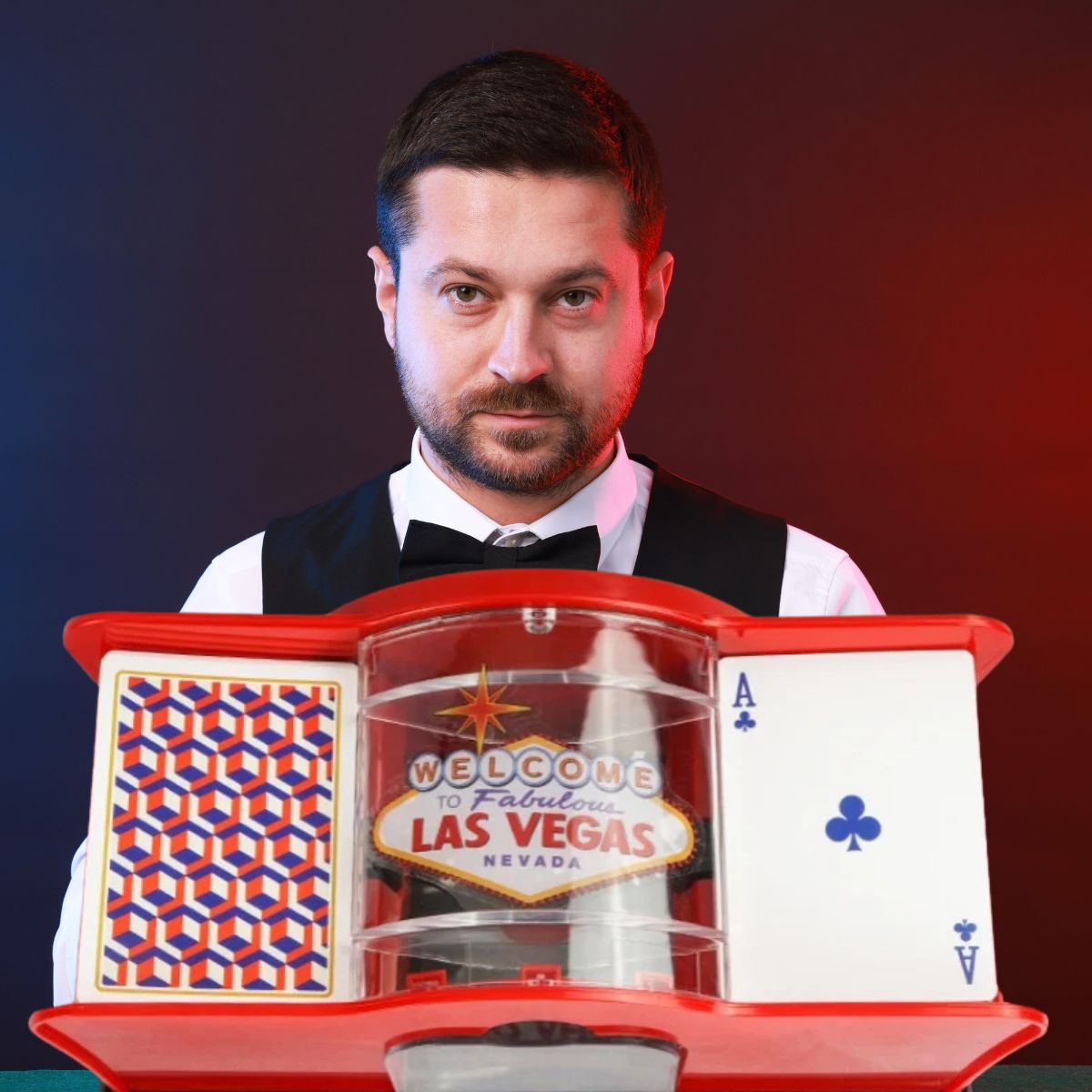 un valet du casino brasseur de cartes avec un mélangeur de carte