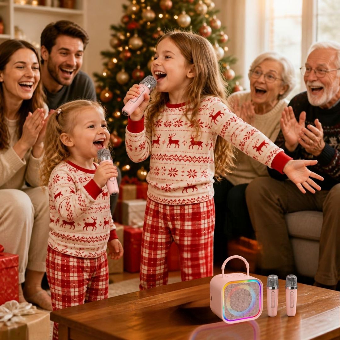 2 fillettes en pyjama de Noël chante avec leur super cadeau micro enfant  e: