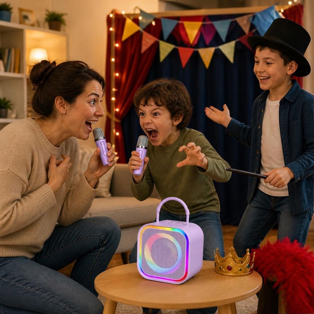 2 garçons et leur mère utilisent un micro enfant pour faire des voix de théâtre et s'amuser en famille