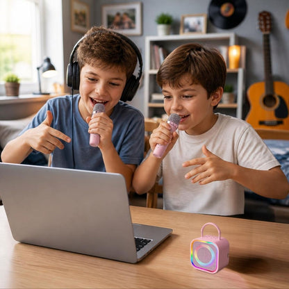 2 garçon chante avec leur micro enfant