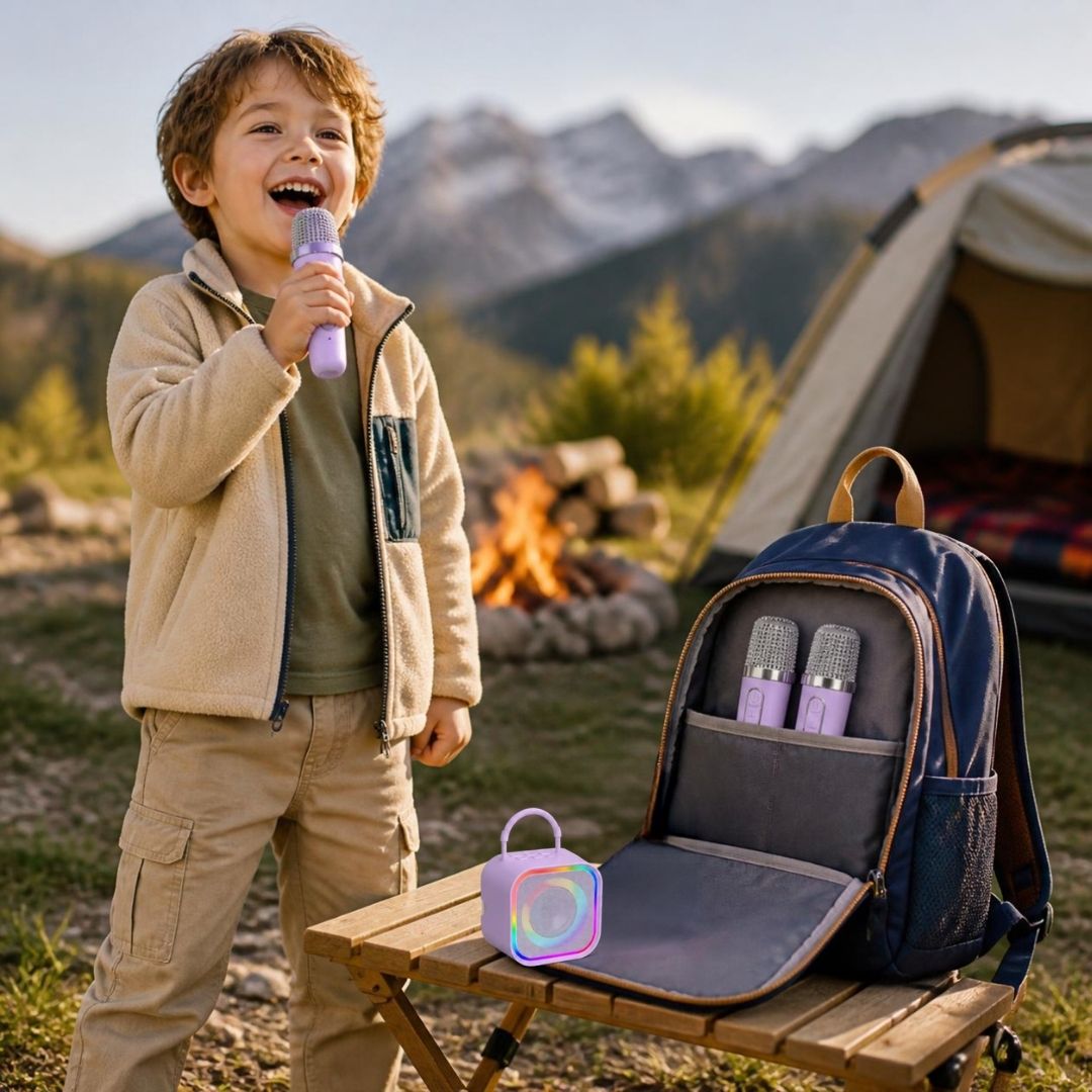 un garçon utilise son micro enfant au camping sans connexion