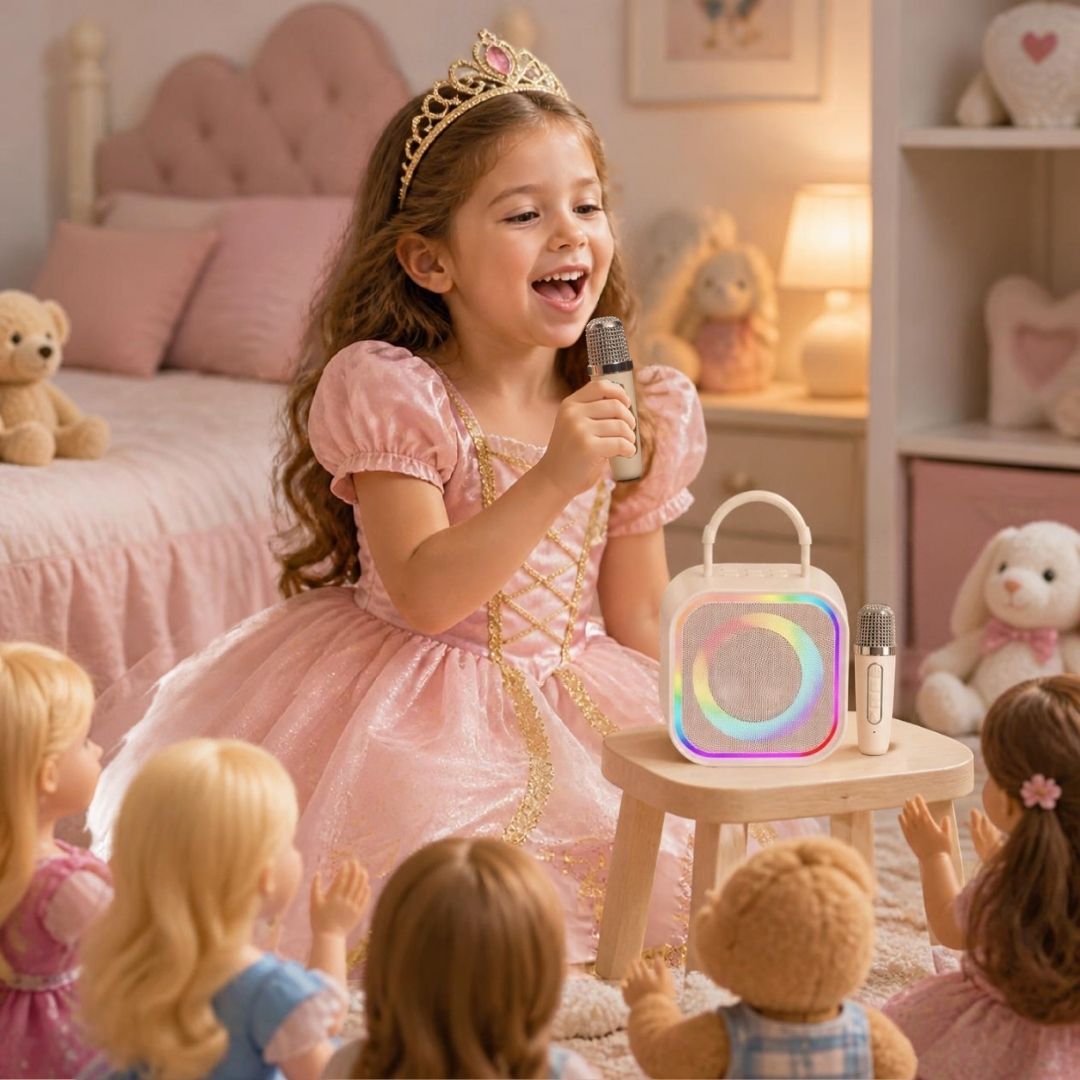 une fillette vêtue de sa robe de princesse chante avec son micro enfant  devant ses poupées