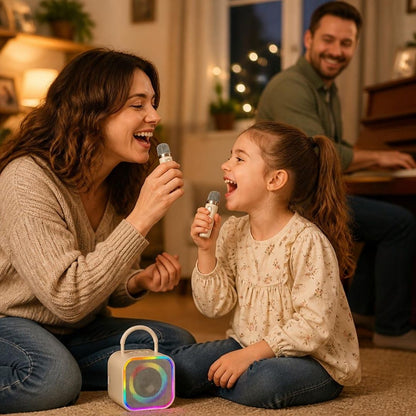 une famille chante leur bonheur avec le  micrcro enfant 