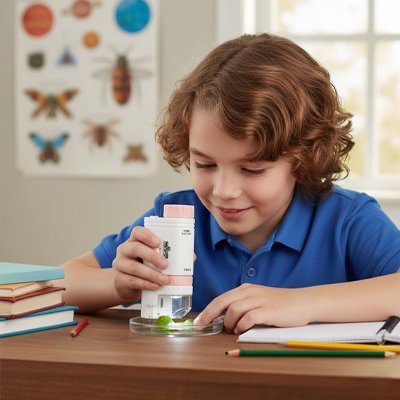 Microscope enfant blanc et rose pour découvrir le monde qui l'entoure 