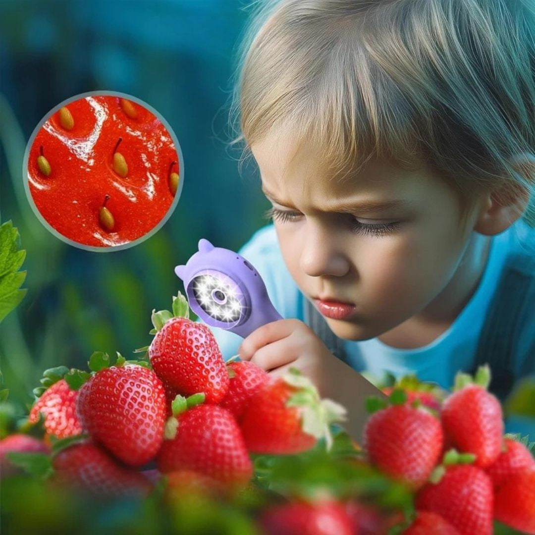 un garçon photographie les détails d'une fraise avec son microscope enfant manuel