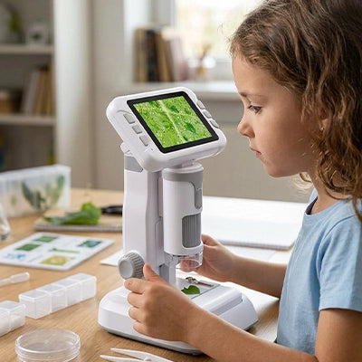 fillette de 5 ans avec le microscope enfant familial filme ne coccinelle