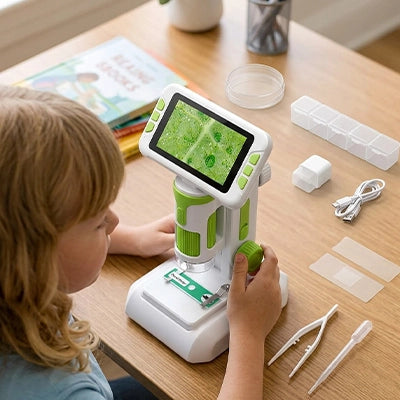 fille explore des lamelles préparé avec son microscope enfant