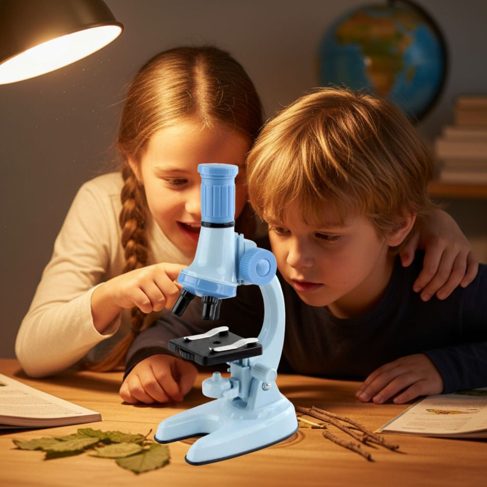 2 enfants fascinés par le microscope optique de couleur bleue
