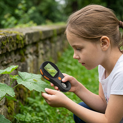 une fillette observe avec intérêt les feuillage des arbres avec son microscope portable  