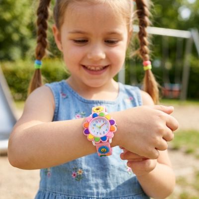 un fillette de 6ans fière de lire l'heure sur sa montre enfant fille analogique