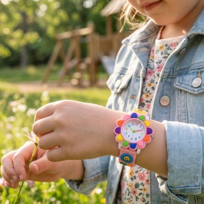 heureuse de sa montre enfant offerte par a mamie simplement