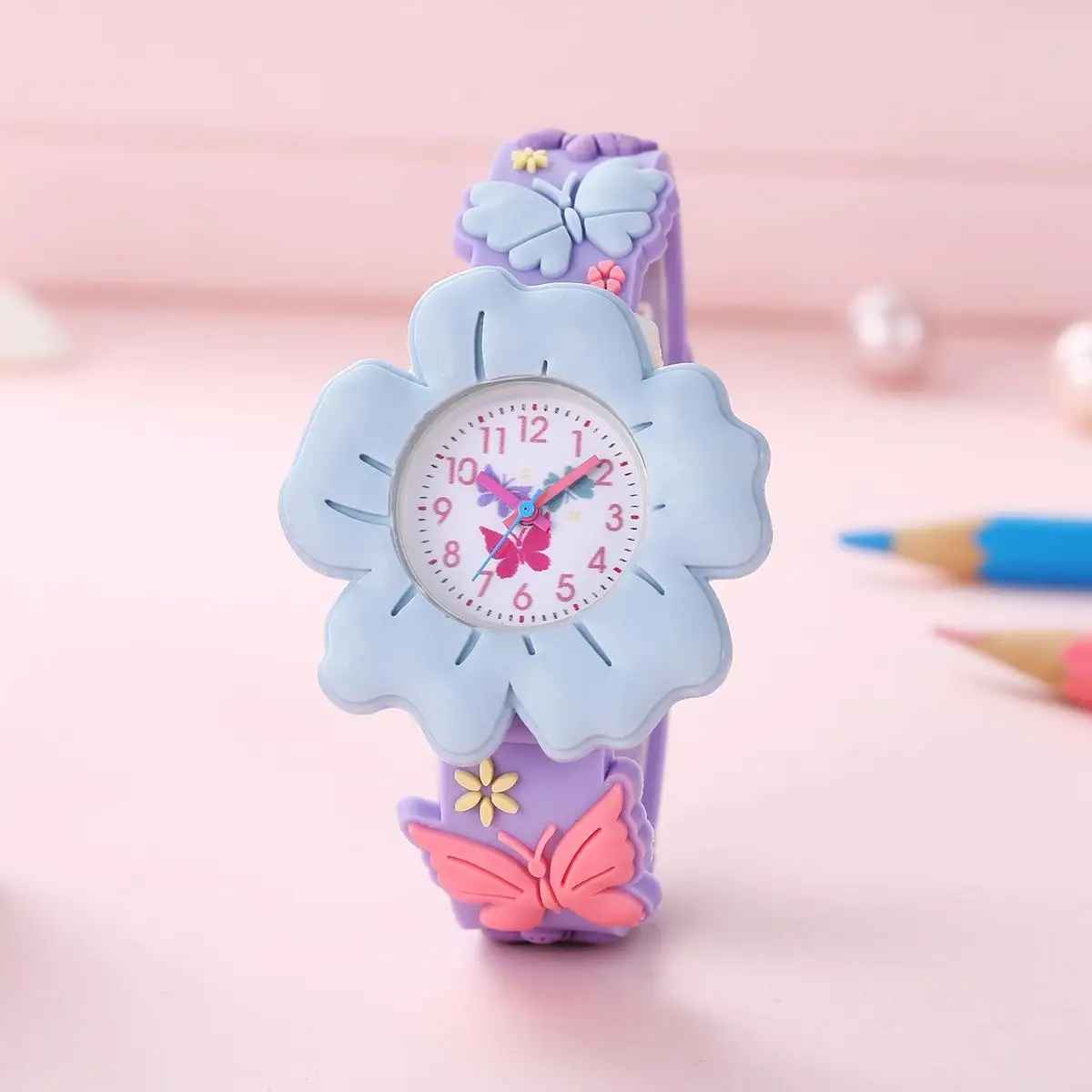 montre enfant fille papillon et fleur bleue