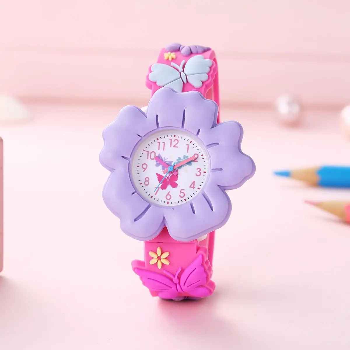 montre enfant fille papillon et fleur vauve douce bracelet silicone fishia