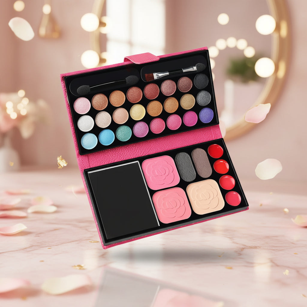 24  fards à yeux, 3fard à joue, 2 ombres à paupière et rouge à lèle inclus dans palette maquillage enfant chez jeux-focus