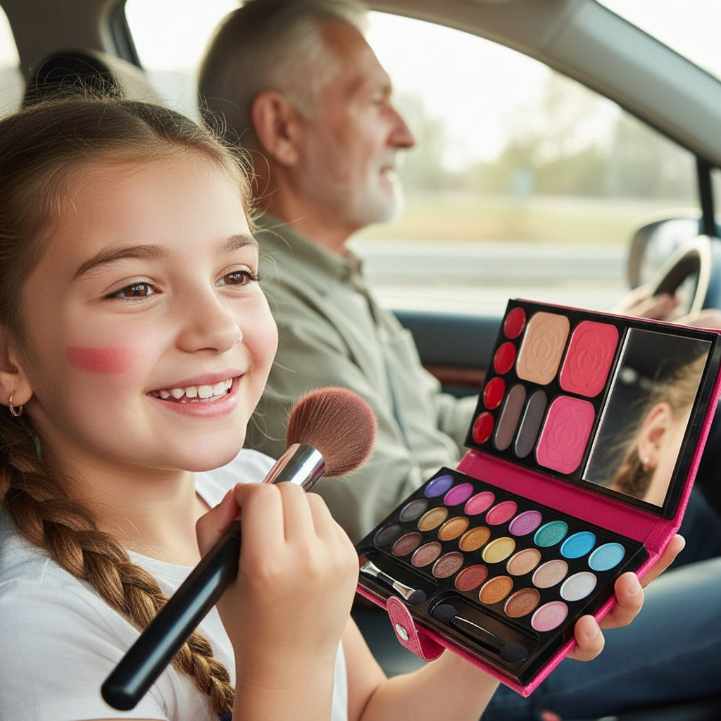 une fillette s amuse à se maquiller dans la voiture avec sa palette maquillage enfant