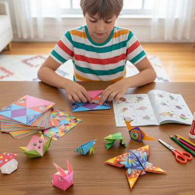 un garçon de 9 ans concentré à fabriquer ses modèles d'animaux en papier pour origami facile à fabriquer pour les enfants