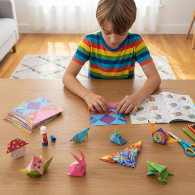 un enfany cchoisi de fermer la télé et de se calmer l'anxiété en bricolant avec son papier pour origami qui ne coupe pas les doigts