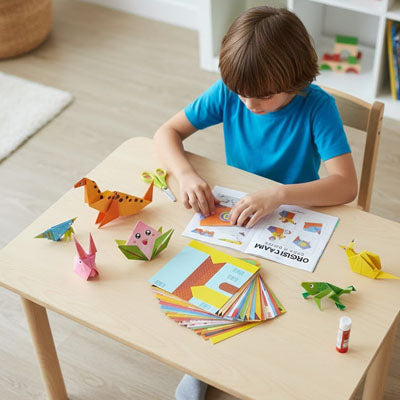 un garçon est captivépar sa nouvelle passion avec son papier pour origami il réinvente ses histoires