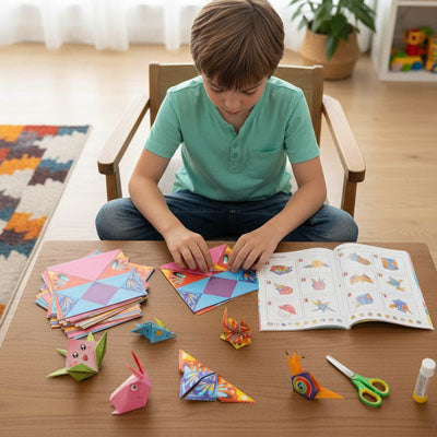 un gain est concentré à suivre son plan de pliage avec son kit de papier pour origami cadeau du Père Noël