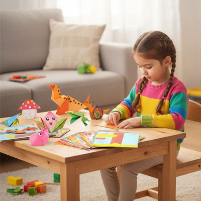 une jeune fille de 7 ans concentrée à plier son papier pour origami junior calme et concentrée voir sereine