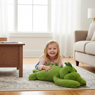 enfant jouant avec sa peluche anti stress dinosaure