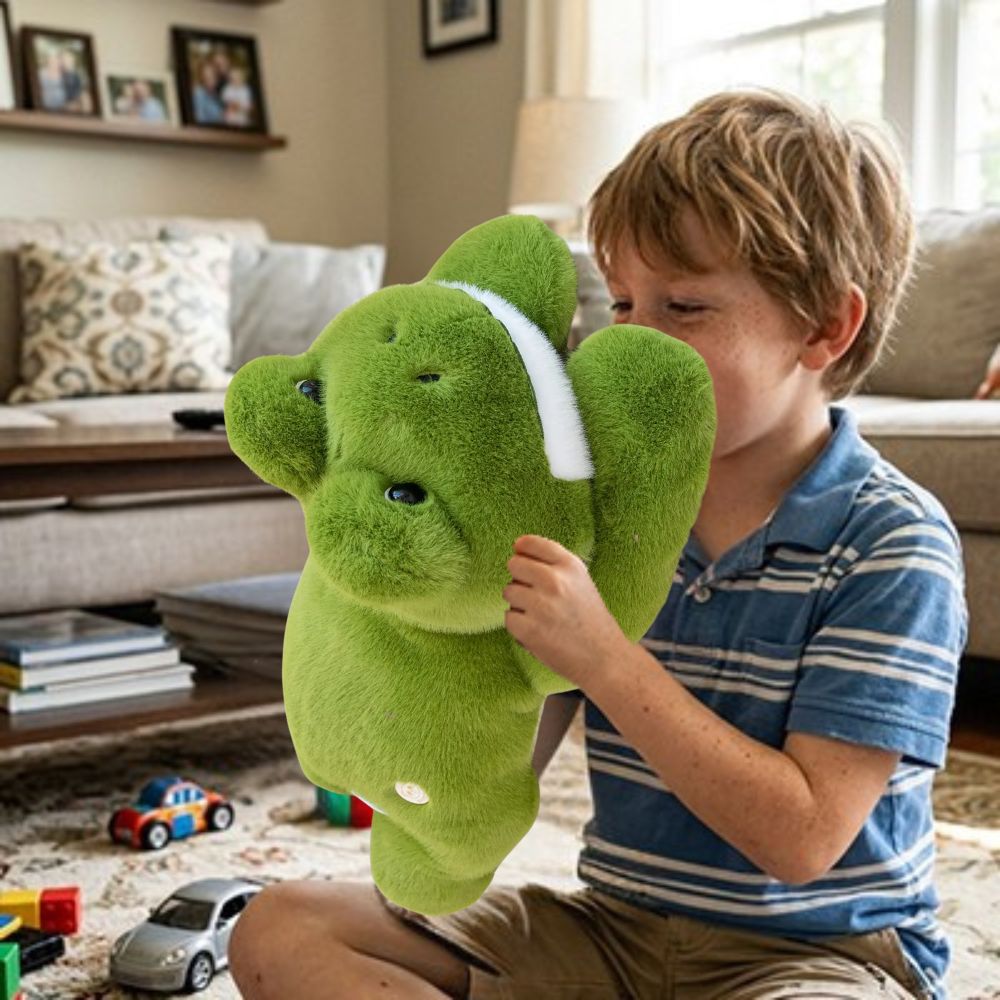 garçon embrasse sa peluche anti stress grenouille de 60cm
