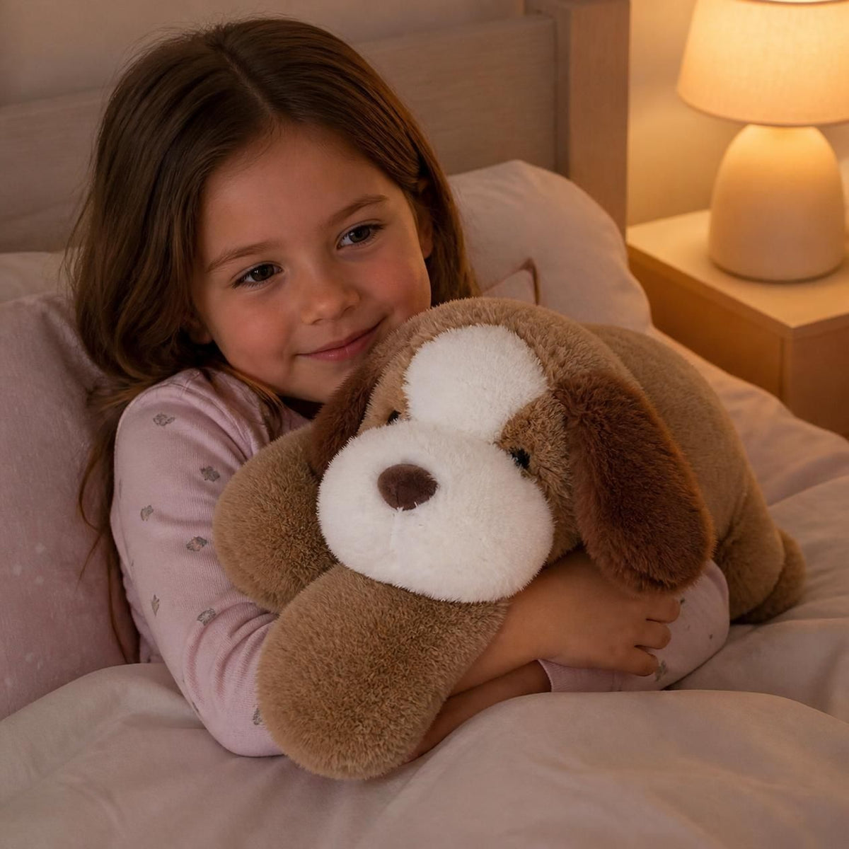 une fillette sert dans ses bras sa peluche anti stress grosse et moelleuse en forme de chien gentil