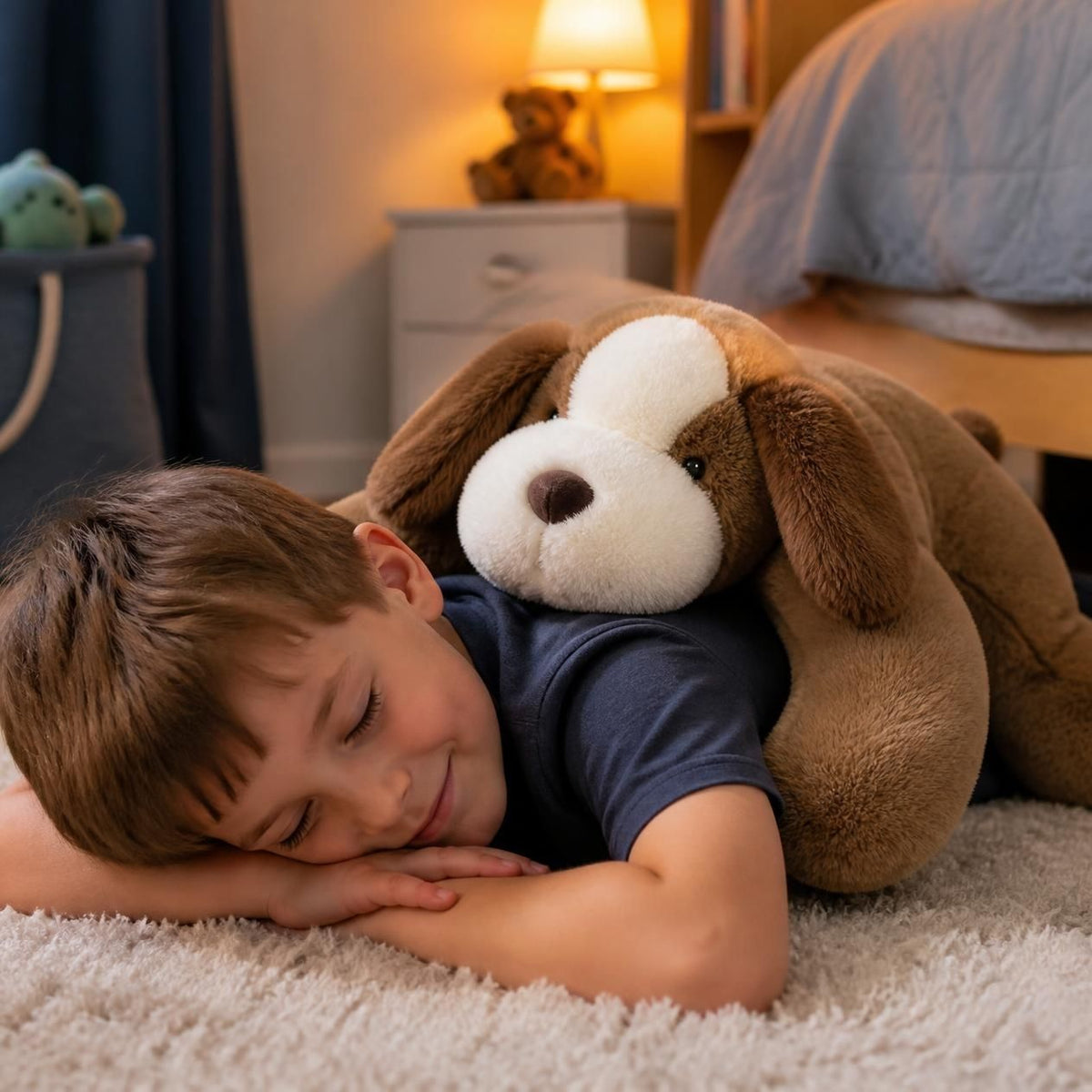  peluche anti stress aux longues pattes lestée  sur le dos de l'enfant qui s'apaise doucement