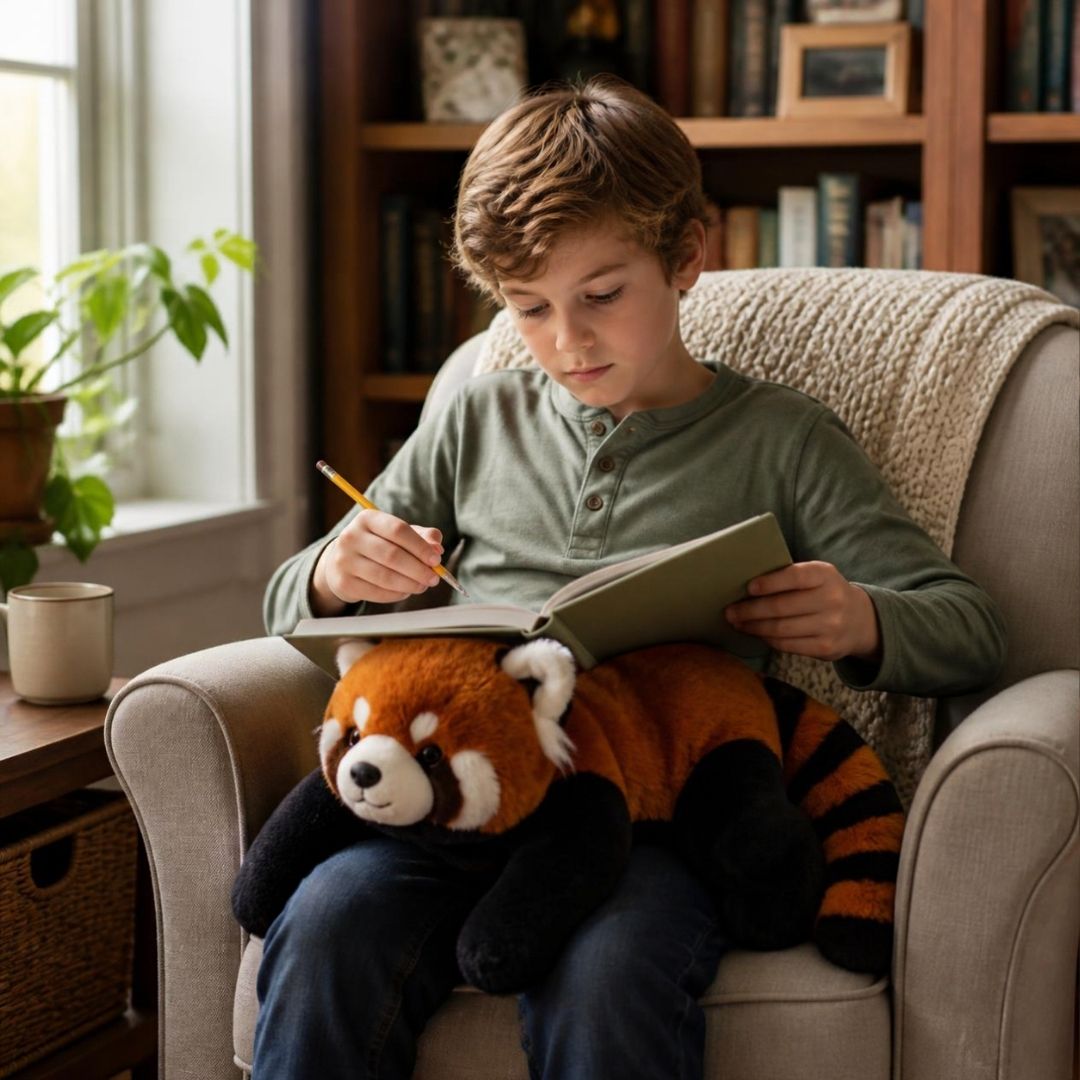 un garçon calme sa nervosité avec sa peluche anti stress lestée sur ses jambes