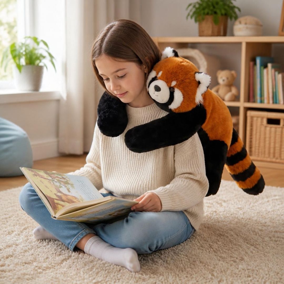 la fillette calme son anxiété de séparation avec sa peluche anti stress sur ses épaules comme uncâlin de sa maman