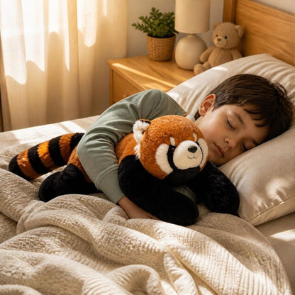 un garçon calme ses angoisses nocturnes avec une peluche anti stress lestée raton laveur 
