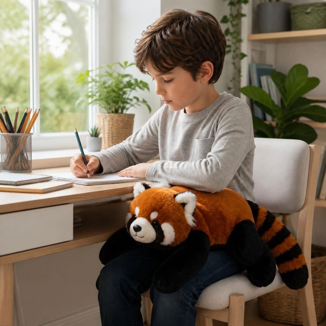 le garçon calme l'agitation de son TDAH avec sa peluche anti stress Lestée sur ses jambes