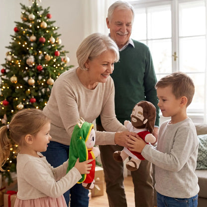 peluche anti stress de Jésus et Marie en cadeau pour enseigner l'histoire de Noël et calmer l'anxiété merci grand-maman