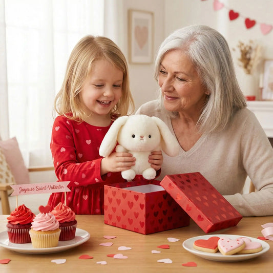 mamie offre une peluche bebe de st valentin a sa petite fille