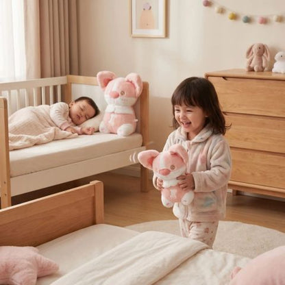 peluche bruit blanc, musicale, modèle de  chiot rose qui respire, ronfl e et amuse selon la commande passée.