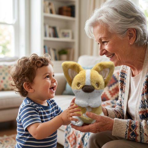 Grand-Mère donne à son petit fils une peluche bruit blanc:  toby-dodo pour aider son petit fils à mieux dormir la nuit