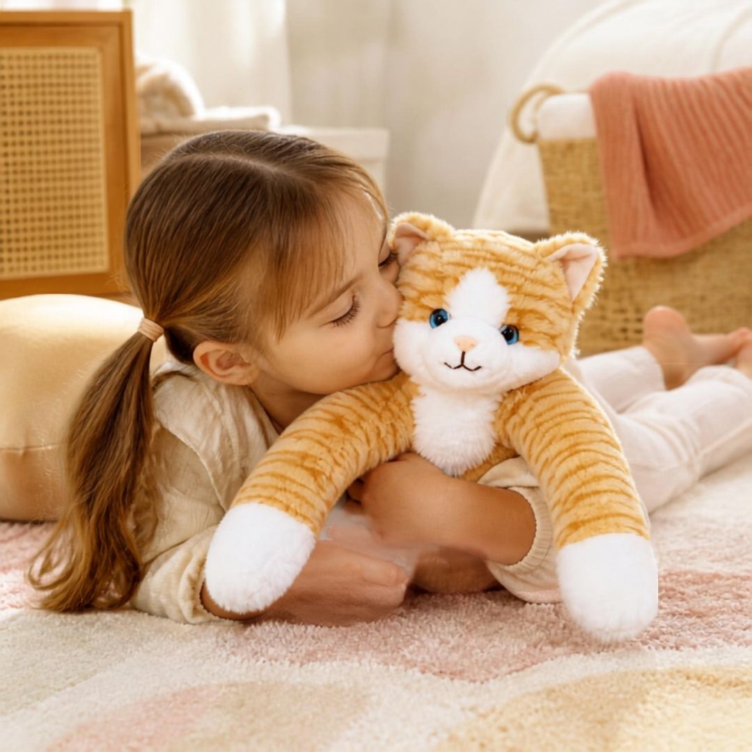fillette joue avec sa peluche lestee chaton jaune doré et ses longues pattes pour  calineuse
