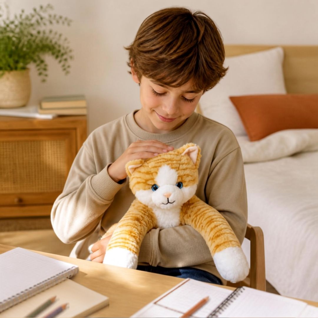garçon avec sa peluche lestee chat jaune doré sur ses genoux pour calmer ses gestes nerveux