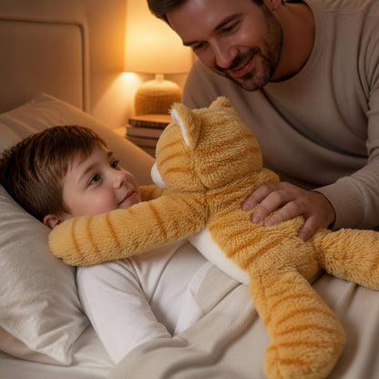 papa vien remettre au lit son fils inquiet  avec sa peluche lestee  rassurante