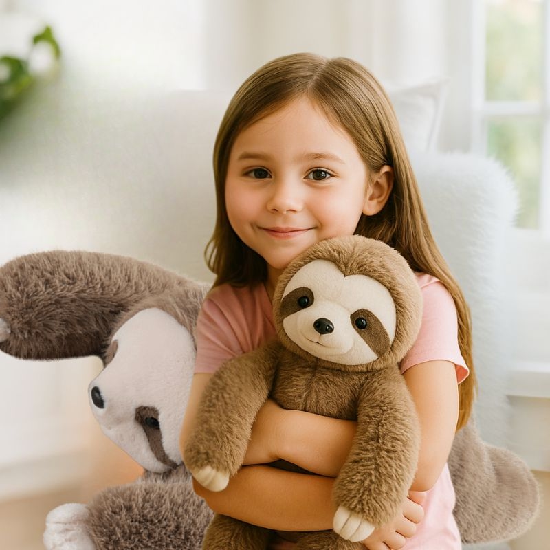 une fillette de 7 ans chérit son paresseux tendrement sa peluche lestée lourde et douce . 