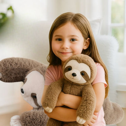 une fillette de 7 ans chérit son paresseux tendrement sa peluche lestée lourde et douce . 