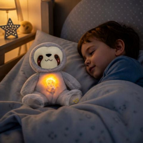 peluche qui respire a un rithme stable, presqu hypnotique, endort le garçon concentré sur sa respiration: technique de la sophrologie