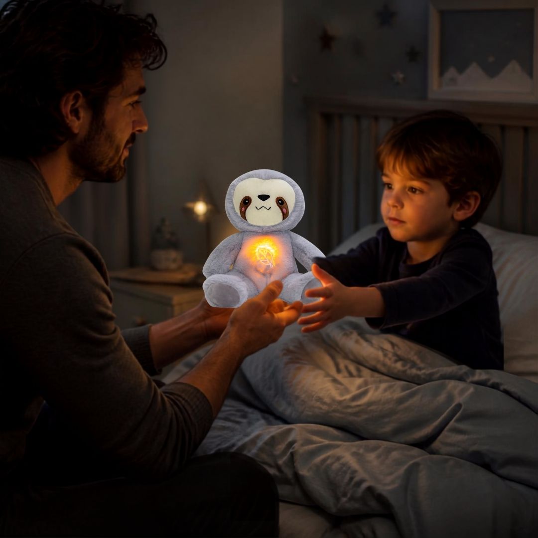 un père vient rassurer son fils avec la peluche qui respire jusqu'à ce qu'il se rendorme en douceur seul