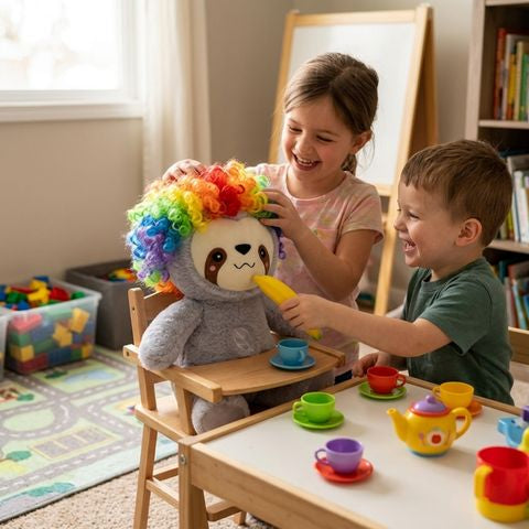 2 enfants jouent avec la peluche qui respire moi-paresseux, un jeu de rôles très rigolo