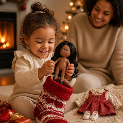 la petite fille sort de son bas de Noël une petit poupée pour fillette aux cheveux longs et noirs