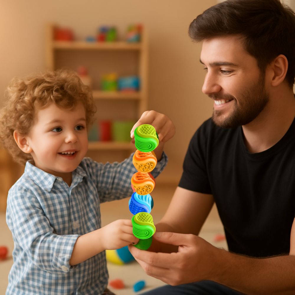 un père joue avec son fil au pierre anti stress texturée