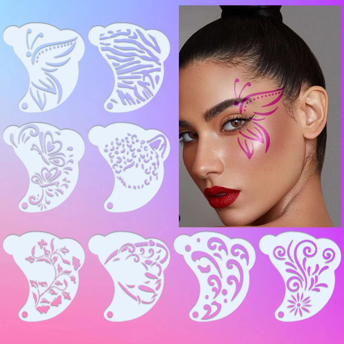 démonstration d un maquillage fait avec un des pochoirs a peinture de visage pour fête d'enfant, Halloween et carnaval. Pour tête à coiffer
