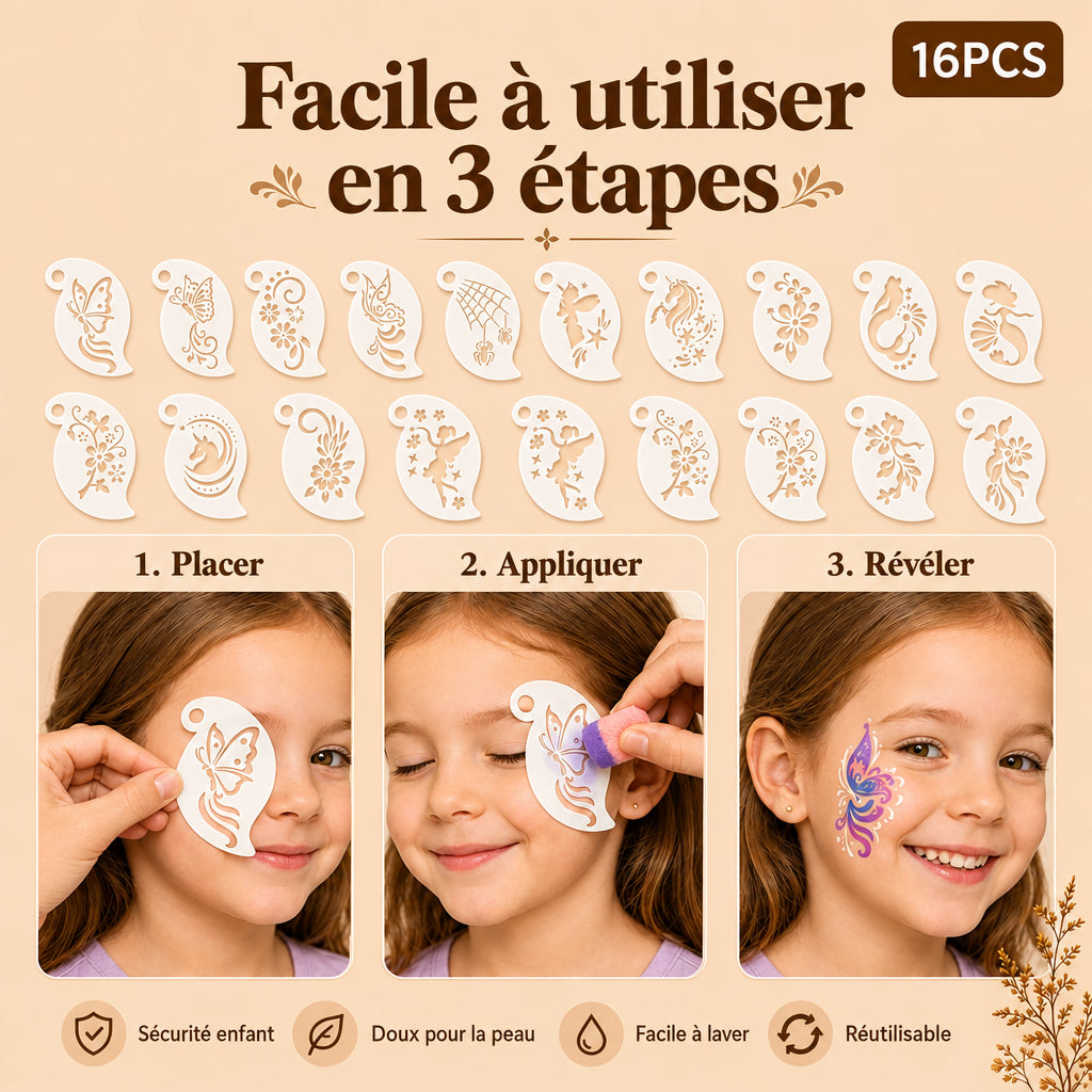 démonstration en 3 étapes faciles comment utiliser les pochoirs maquillage enfant