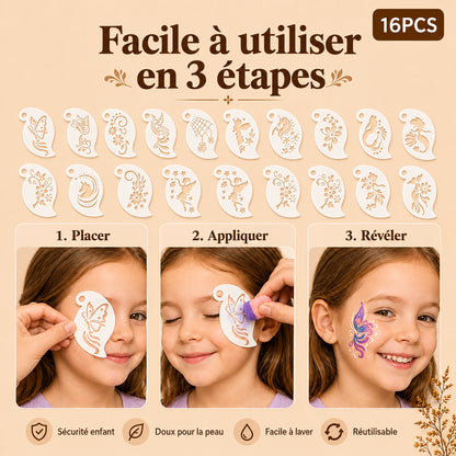 démonstration en 3 étapes faciles comment utiliser les pochoirs maquillage enfant